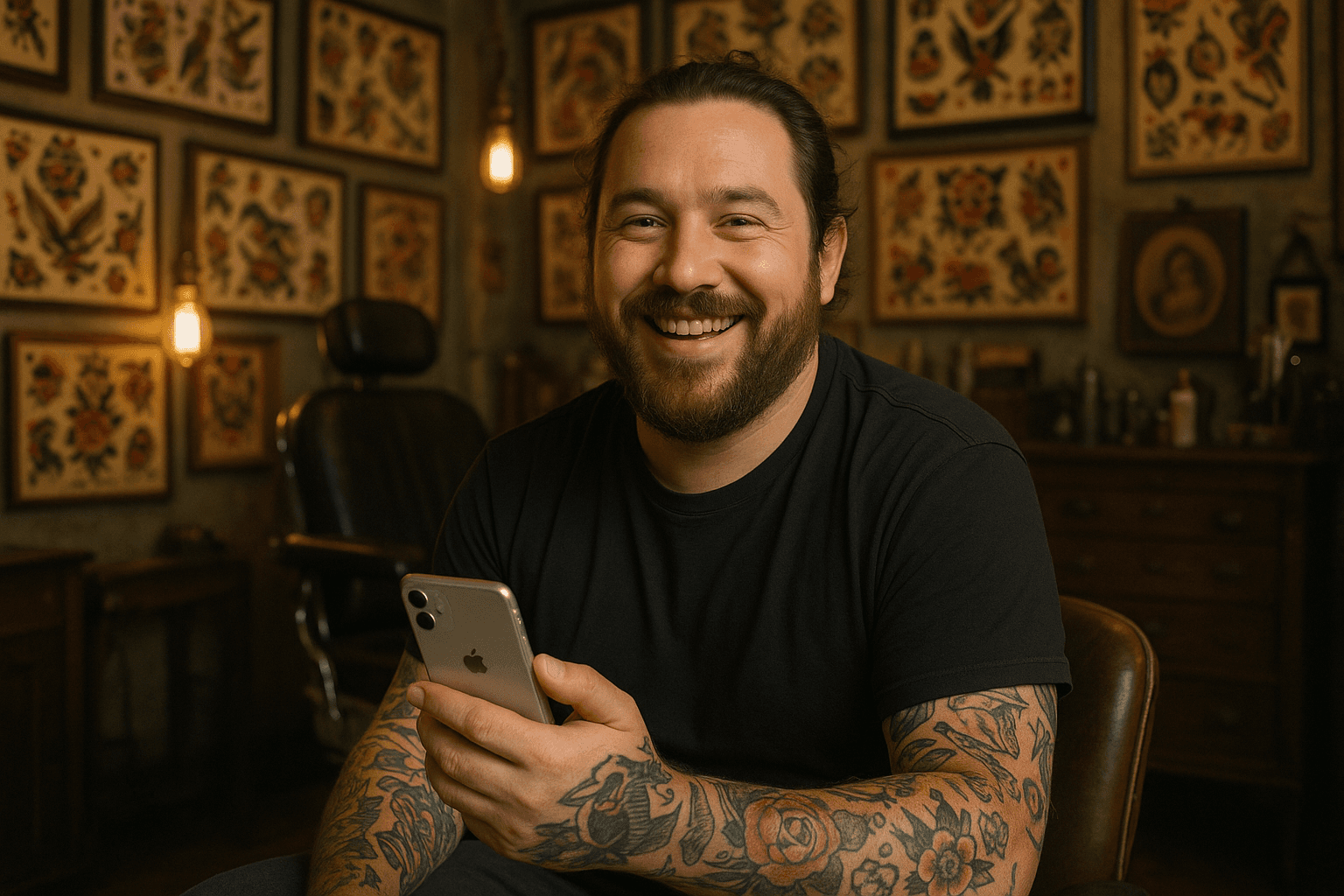 Tattoo artist with smartphone in vintage studio